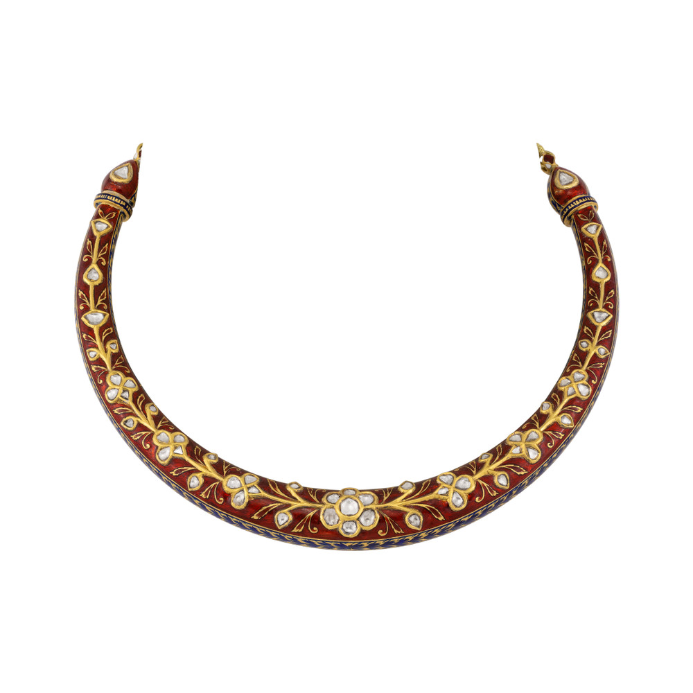 Floral Hasli with Uncut Polki & Red Enamel Detailing